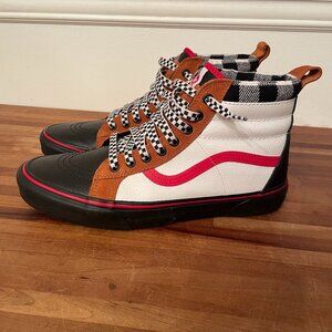 VANS Mens High Top Size 10 Custom Designed Leather Black White Red Brown Checker